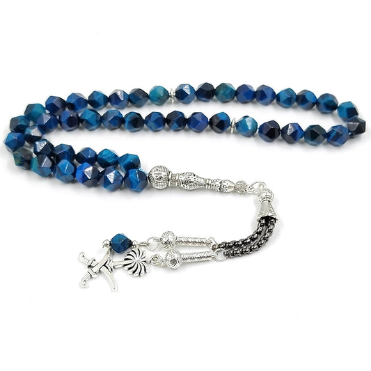 سبحة سعودية حجر عين النمر ازرق طبيعي شكله الخرز معين