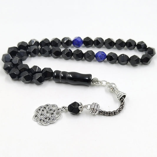 سبحة عقيق اسود شكل الخرز معينه مع حجر الازورد