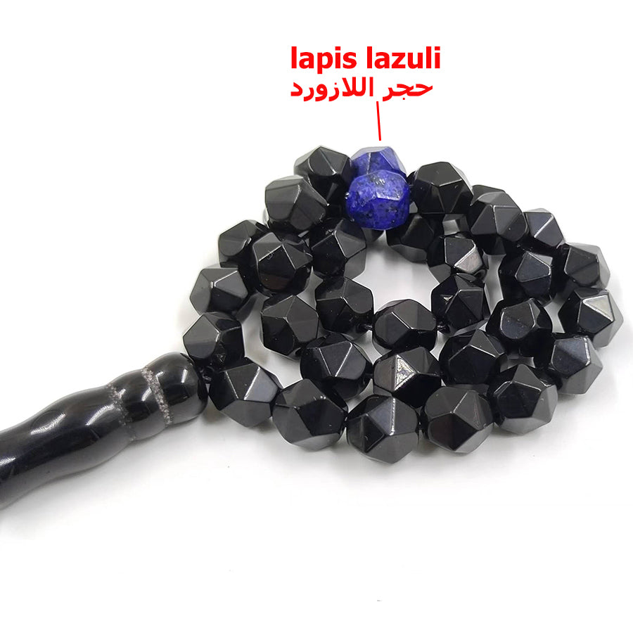سبحة عقيق اسود شكل الخرز معينه مع حجر الازورد