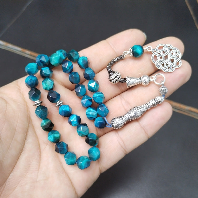 سبحة حجر عين النمر ازرق طبيعي