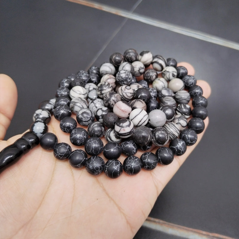 سبحة 100 خرز من حجر سبج و جاسبر الشبكة السوداء و فيروز اسود