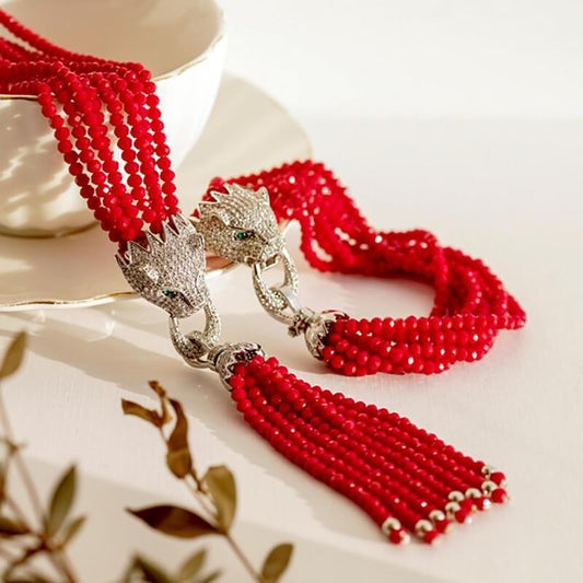 مجوهرات طقم سوار و قلادة كريستال احمر مع راس النمر