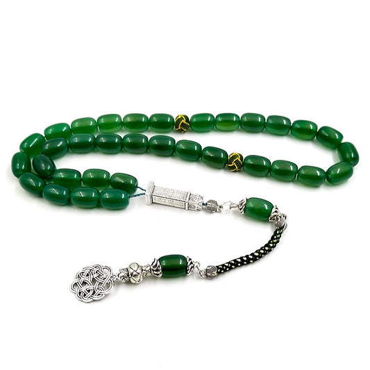 سبحة حجر عقيق اخضر طبيعي شكل الخرز برميل مسبحة مميزه