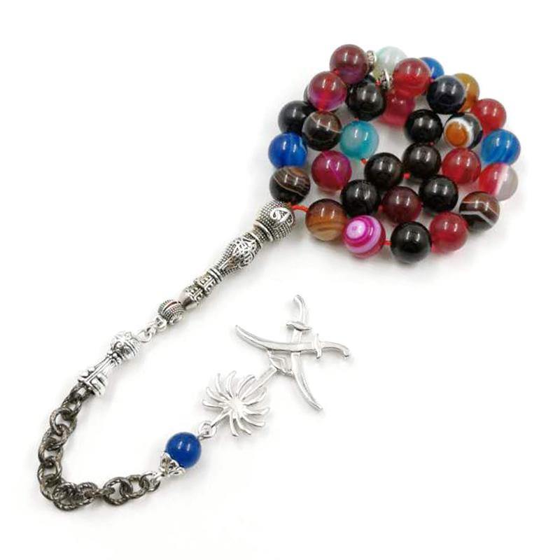 Tasbih Colored agates stone muslim bracelet gift Islam misbaha rosary Saudi flag badge Pendant 33 66 99prayer bead Saudi Fashion - Bashatasbih