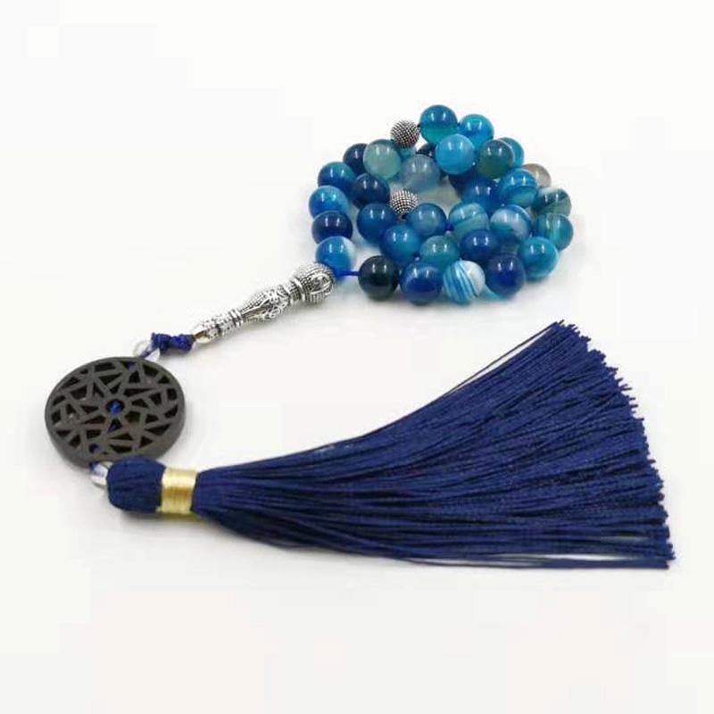 Natural Blue agates stone Tasbih prayer beads Misbaha 33 66 99beads New styles Cotton Tassel Professional Muslim Man's rosary - Bashatasbih