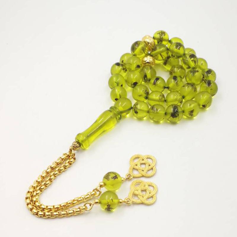 Green Resin tasbih gift Eid al-Adha real Insect Rosary Golden tassel 33 45 66 99 prayer beads pusheen Man's Misbaha Bracelets - Bashatasbih