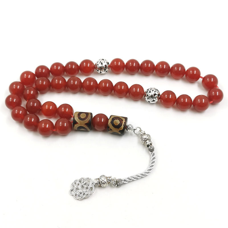 سبحة عقيق احمر حجم كبير مع حجر عقيق تبتيه