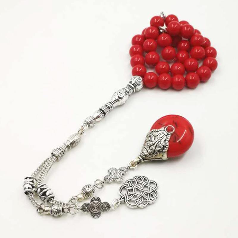 سبحة نسائيه حجر احمر طبيعي مع الاكسسوار تبتية - Albashan