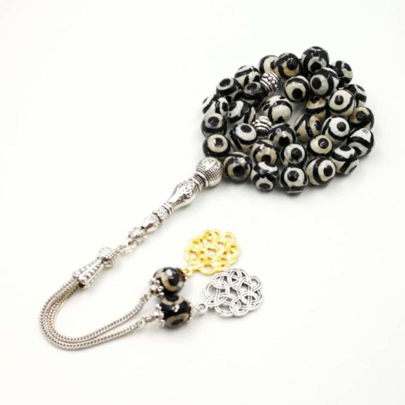 سبحة حجر عقيق عيون طبيعي مع طربزونة معدنية ذهبي و فضي