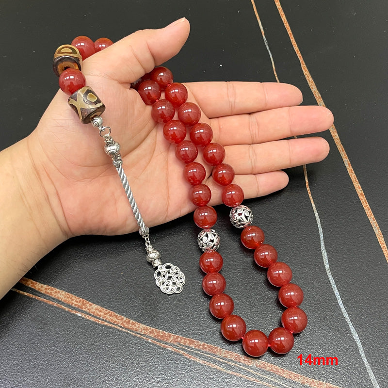 سبحة عقيق احمر حجم كبير مع حجر عقيق تبتيه