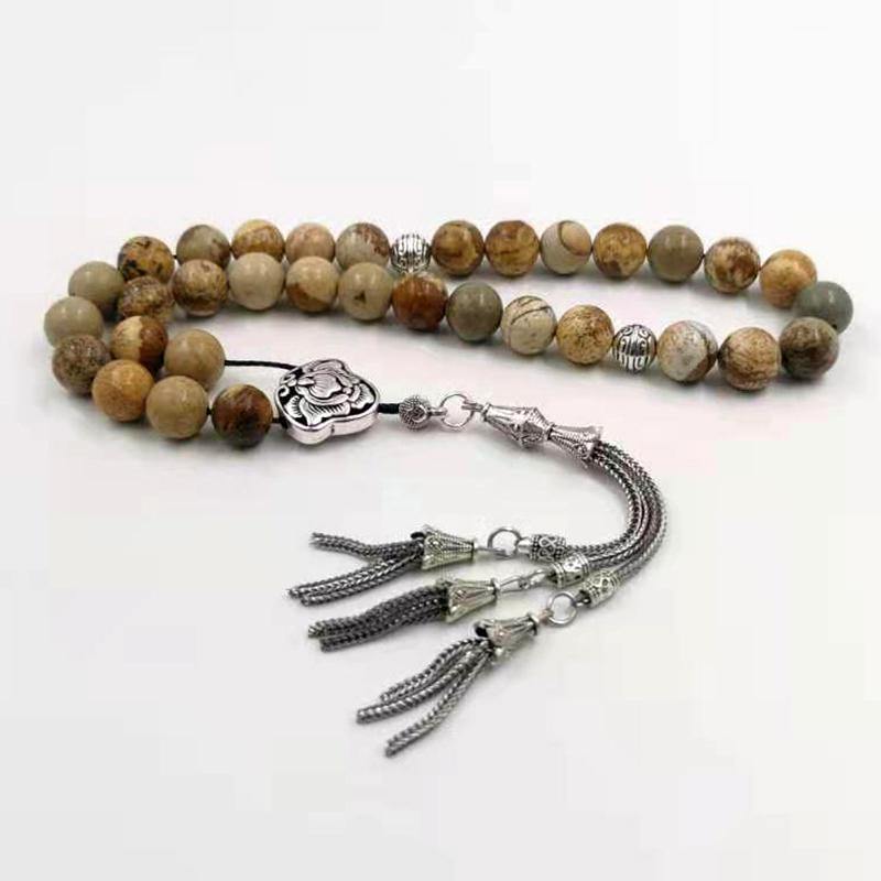 سبحة حجر الجاسبر بيكاسو الطبيعي مع شرابة معدنية - Albashan