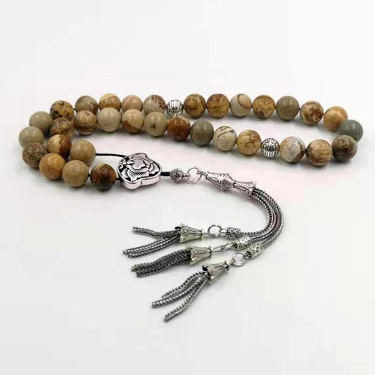 سبحة حجر الجاسبر بيكاسو الطبيعي مع شرابة معدنية - Albashan