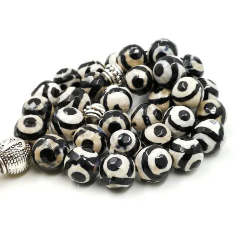 سبحة حجر عقيق عيون طبيعي مع طربزونة معدنية ذهبي و فضي