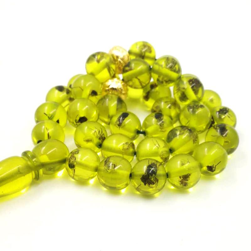 Green Resin tasbih gift Eid al-Adha real Insect Rosary Golden tassel 33 45 66 99 prayer beads pusheen Man's Misbaha Bracelets - Bashatasbih