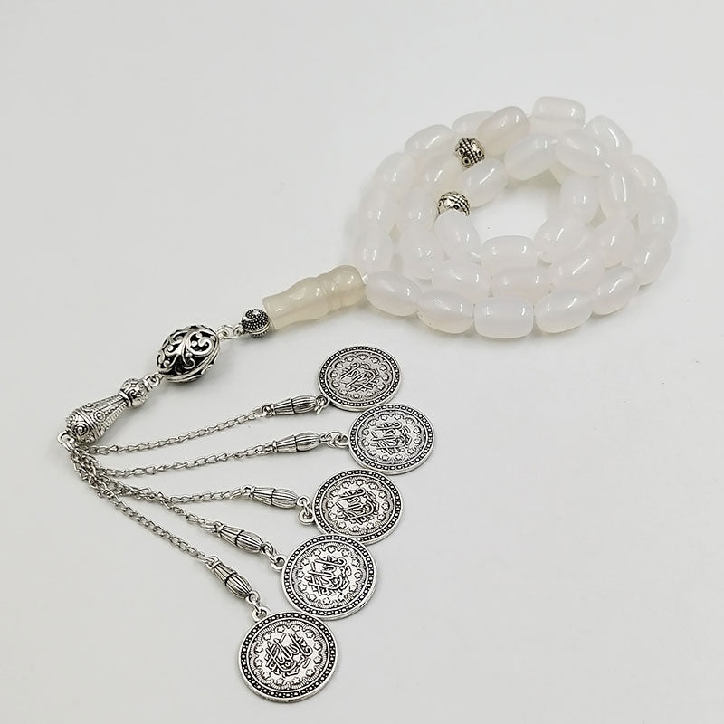 سبحة حجر عقيق ابيض طبيعي شكل الخرز برميل