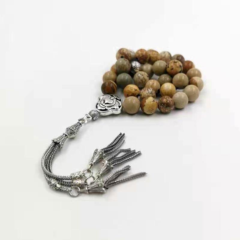 سبحة حجر الجاسبر بيكاسو الطبيعي مع شرابة معدنية - Albashan