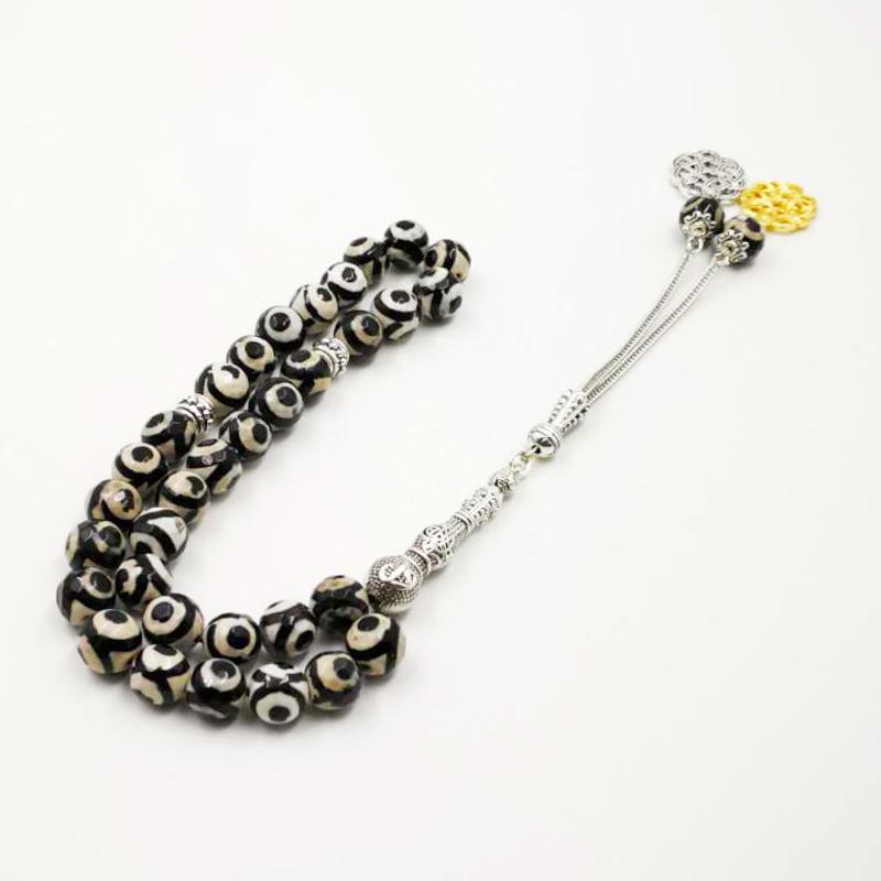 سبحة حجر عقيق عيون طبيعي مع طربزونة معدنية ذهبي و فضي