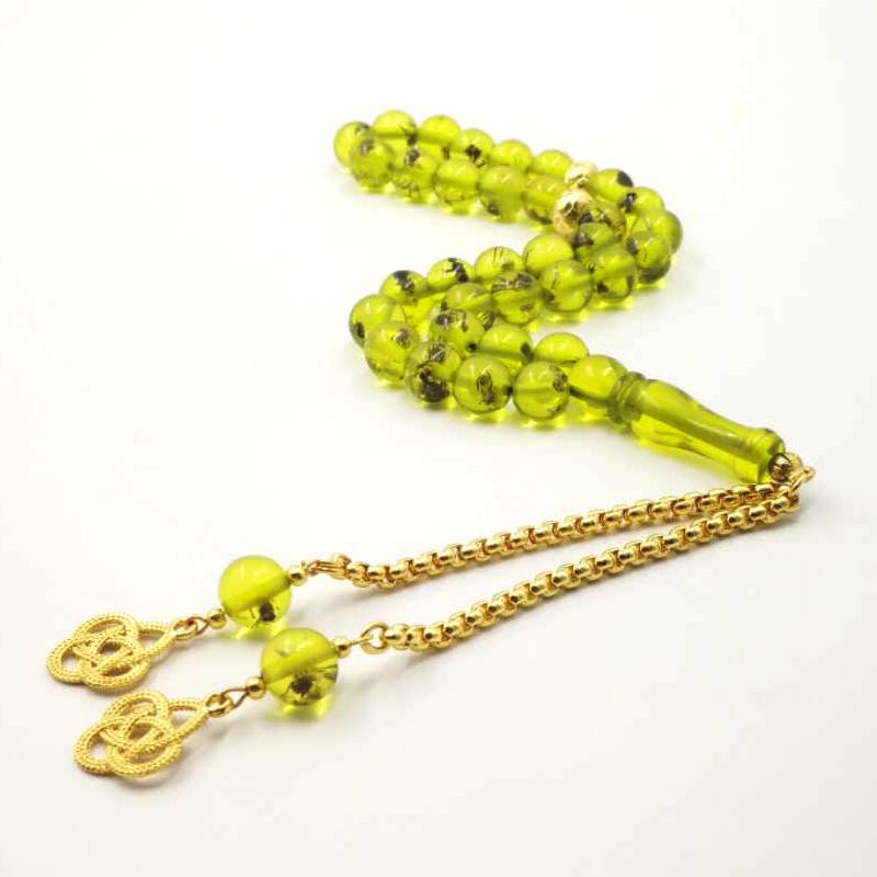 Green Resin tasbih gift Eid al-Adha real Insect Rosary Golden tassel 33 45 66 99 prayer beads pusheen Man's Misbaha Bracelets - Bashatasbih