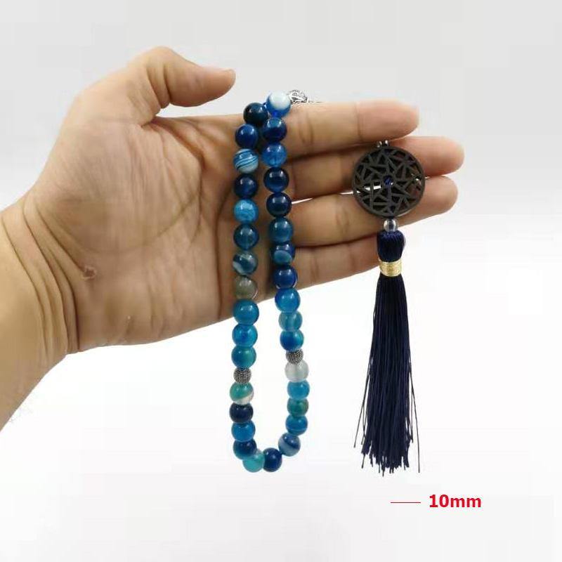 Natural Blue agates stone Tasbih prayer beads Misbaha 33 66 99beads New styles Cotton Tassel Professional Muslim Man's rosary - Bashatasbih