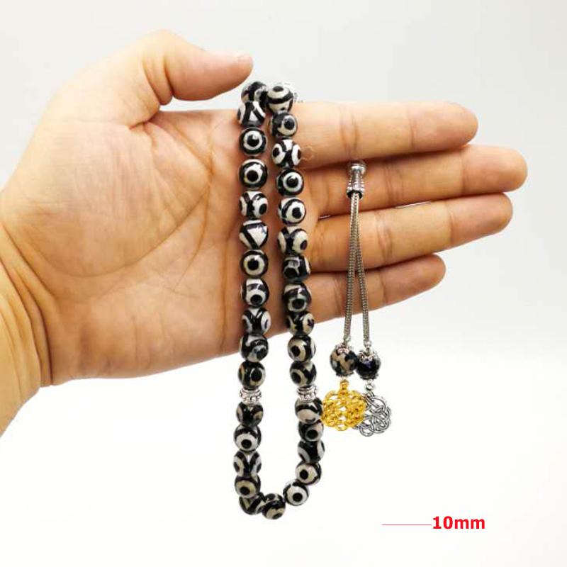 سبحة حجر عقيق عيون طبيعي مع طربزونة معدنية ذهبي و فضي