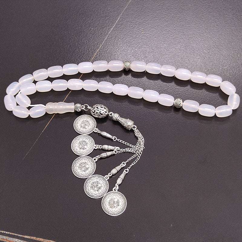 سبحة حجر عقيق ابيض طبيعي شكل الخرز برميل