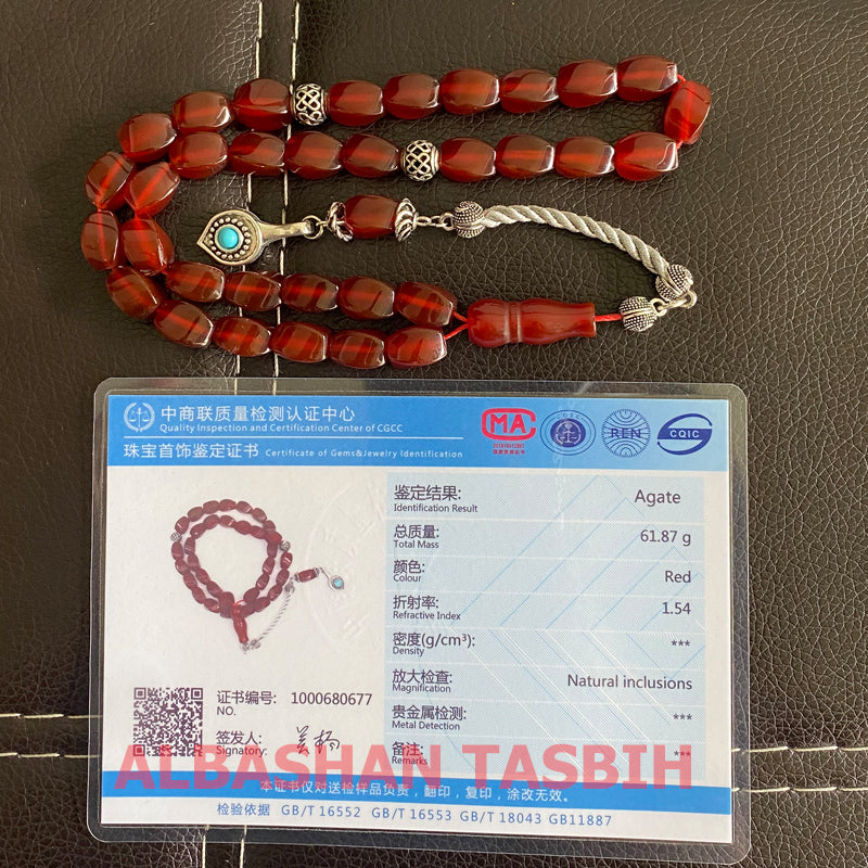سبحة عقيق احمر برازيلي شكله التحريف مع الاكسسوار تبتيه