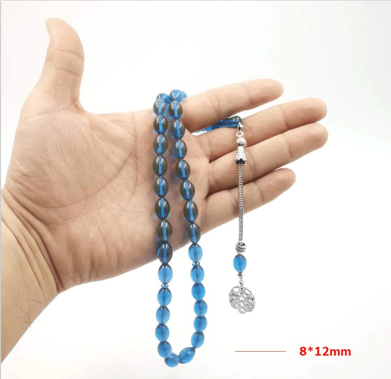 سبحة تسبيح أزرق 33 خرز راتينج شرابة معدنية لون خاص سوار إسلامي أزرق مسبحة رجالي - Albashan
