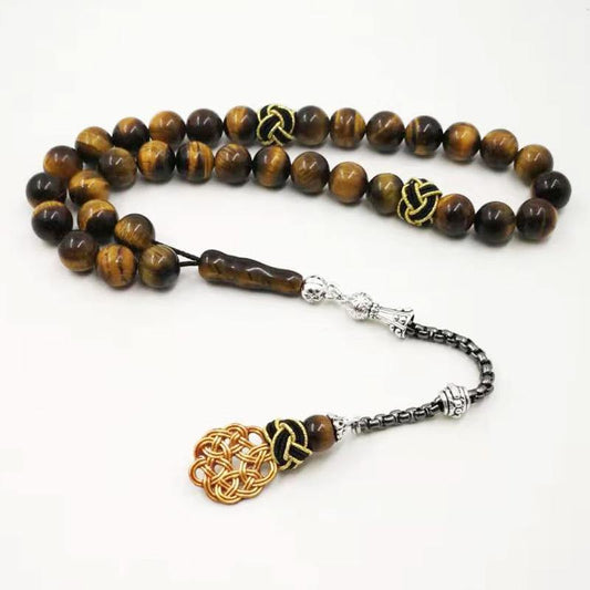 سبحة حجر عين النمر اصفر طبيعي مع طربزونة يدويه - Albashan