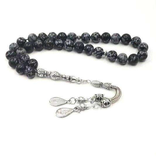 Natural Import Obsidian Man's Tasbih rosary Rare stone 33 Muslim misbaha Matel pendant Islam prayer beads bracelet Eid gift - Bashatasbih