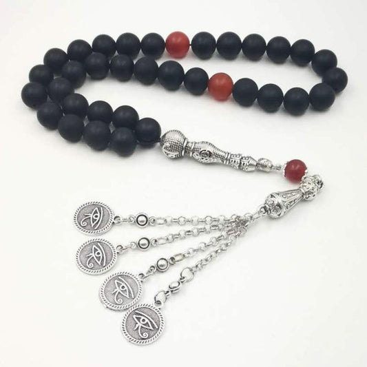 Man's tasbih Natural Frosted black agates with Old Red Agates beads misbaha Metal Eyes tassel Onxy prayer beads 33 66 99beads - Bashatasbih