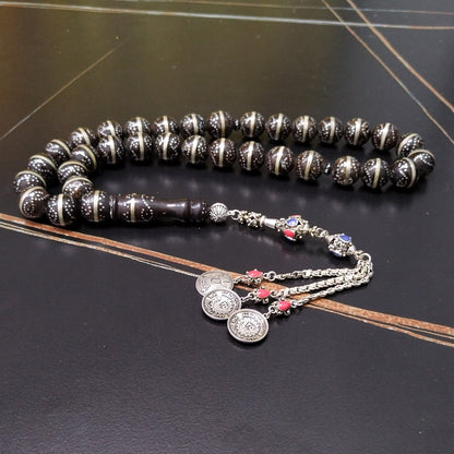 سبحة يسر فاخرة بحر الاحمر مطعمة بالفضة 925