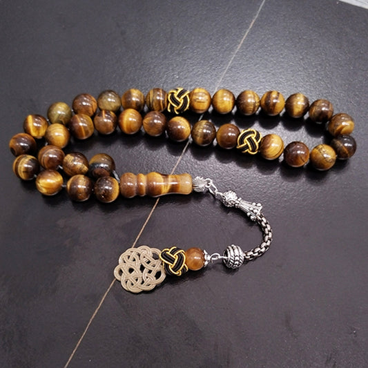 سبحة حجر عين النمر اصفر طبيعي مع طربزونة يدويه