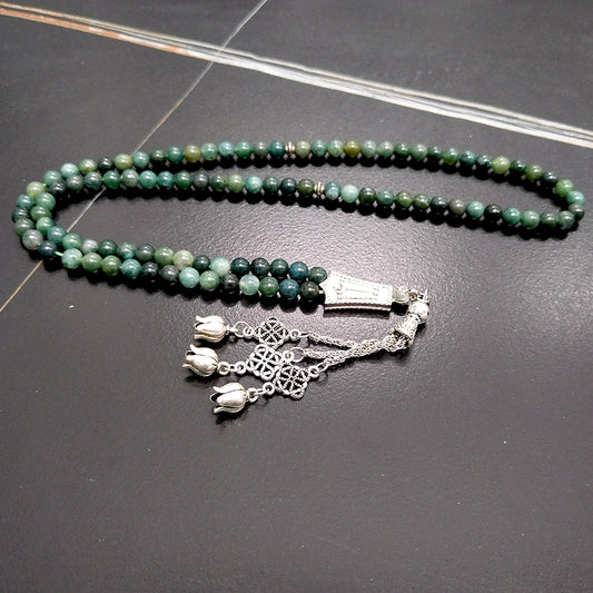 سبحة 99 حجر عقيق عشبي طبيعي