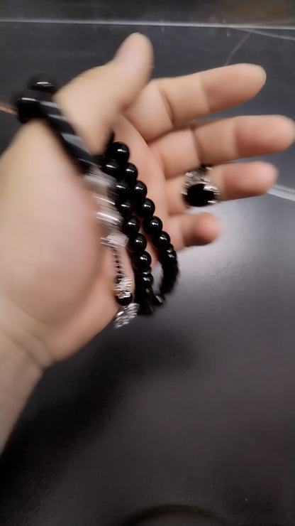 طقم سبحة و خواتم حجر اونيكس اسود  طبيعي