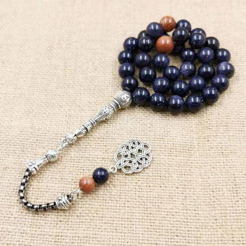 Natural Blue SandStone tasbih with Gold sandstone  Muslim man's gfit For Eid 33 66 99 Paryer beads Special New misbaha bracelet - Bashatasbih