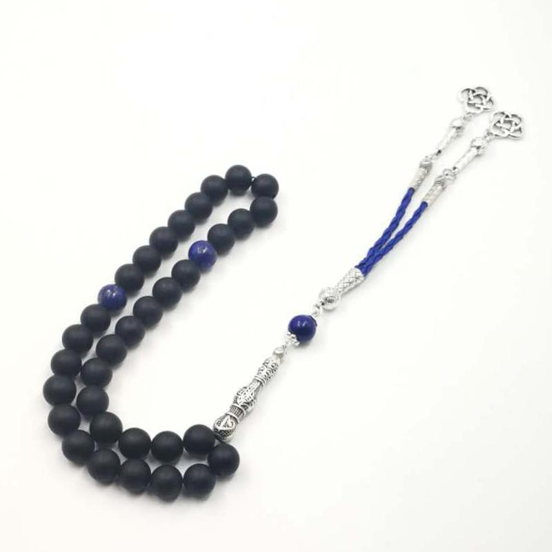Man's Bracelets Natural Frosted black agates with lapis lazuli beads Tasbih gift islam misbaha Onxy prayer beads 33 66 99beads - Bashatasbih