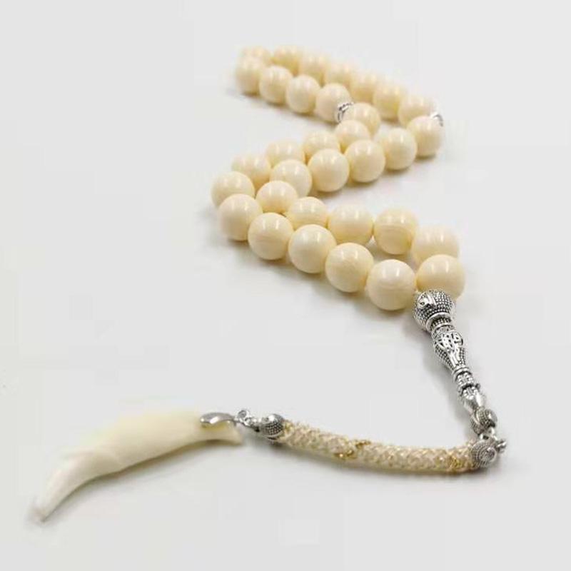 Resin Tasbih ivory Color with Natural wolf teeth Pendant - Bashatasbih