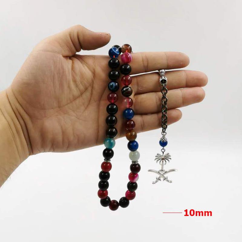 Tasbih Colored agates stone muslim bracelet gift Islam misbaha rosary Saudi flag badge Pendant 33 66 99prayer bead Saudi Fashion - Bashatasbih