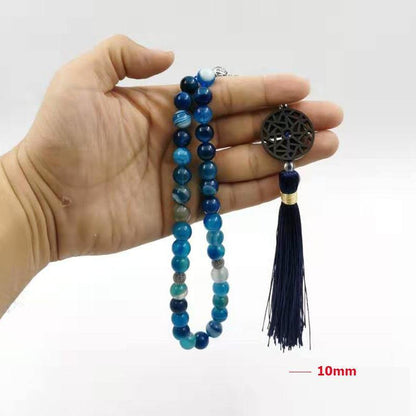Natural Blue agates stone Tasbih prayer beads Misbaha 33 66 99beads New styles Cotton Tassel Professional Muslim Man's rosary - Bashatasbih