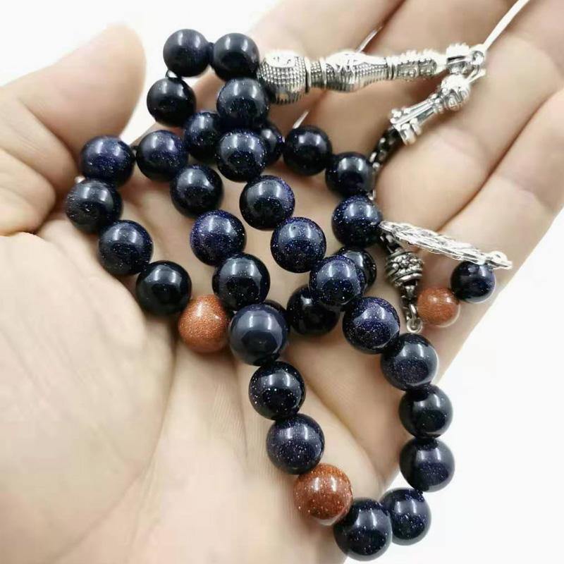 Natural Blue SandStone tasbih with Gold sandstone  Muslim man's gfit For Eid 33 66 99 Paryer beads Special New misbaha bracelet - Bashatasbih