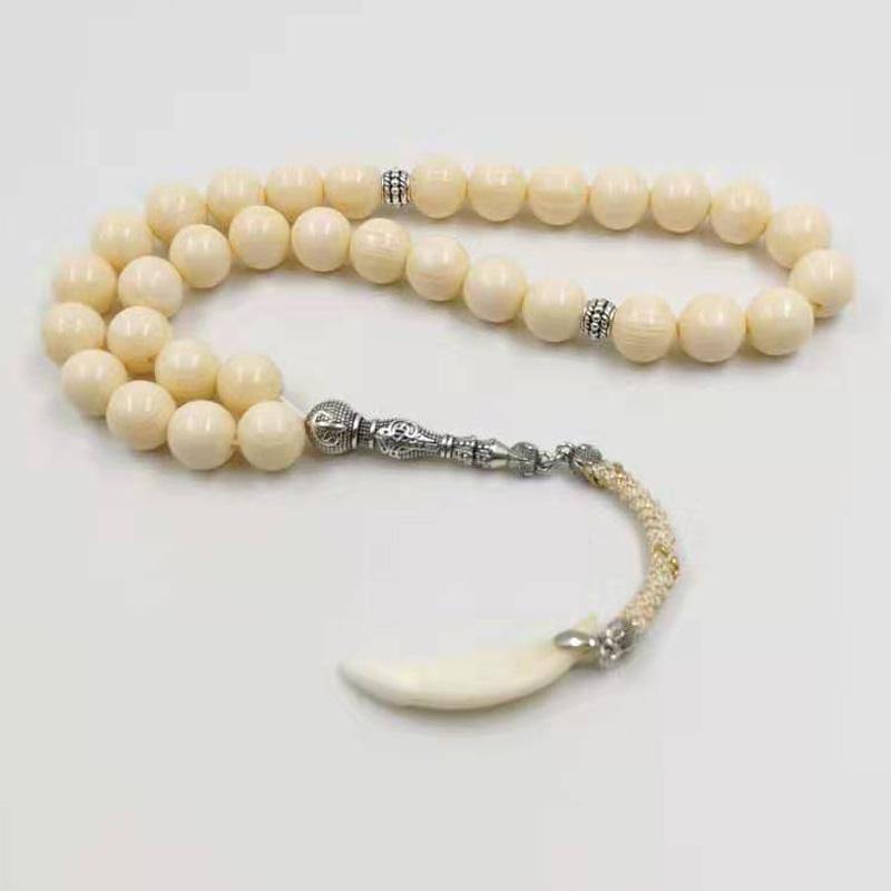 Resin Tasbih ivory Color with Natural wolf teeth Pendant - Bashatasbih