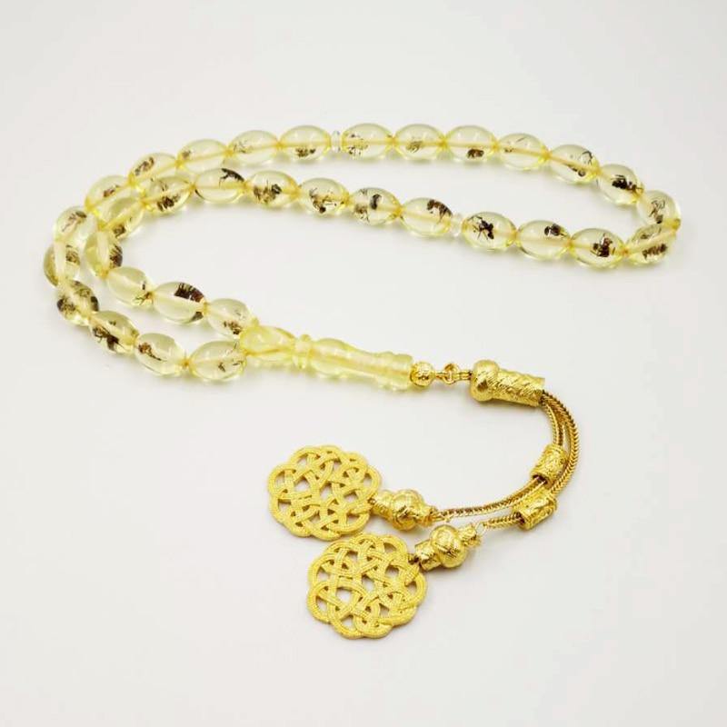 Real insect 33 Tasbih Golden Kazaz Tassel Eid gift For Muslim prayer beads Rosary Man's Misbaha Islamic Turkish Resin Bracelets - Bashatasbih