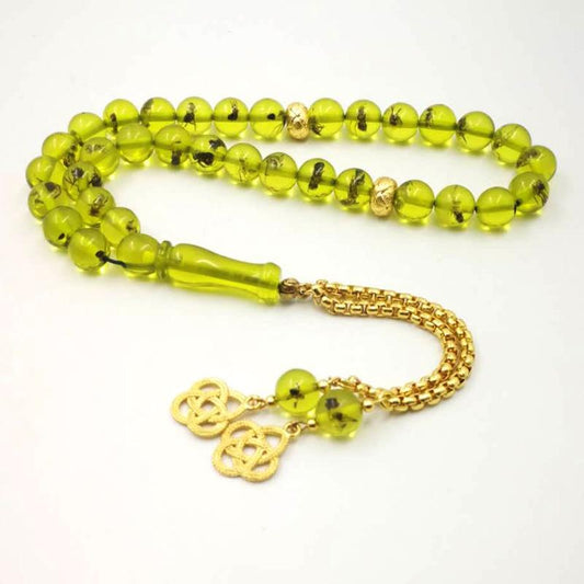 Green Resin tasbih gift Eid al-Adha real Insect Rosary Golden tassel 33 45 66 99 prayer beads pusheen Man's Misbaha Bracelets - Bashatasbih