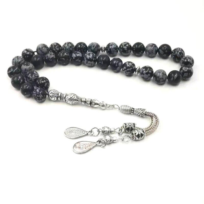 Natural Import Obsidian Man's Tasbih rosary Rare stone 33 Muslim misbaha Matel pendant Islam prayer beads bracelet Eid gift - Bashatasbih