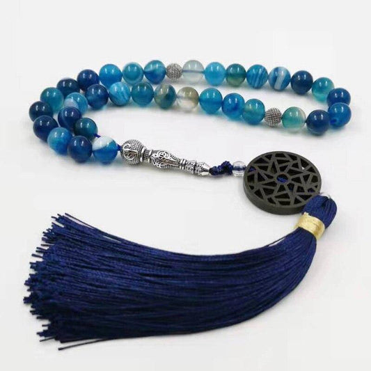 Natural Blue agates stone Tasbih prayer beads Misbaha 33 66 99beads New styles Cotton Tassel Professional Muslim Man's rosary - Bashatasbih