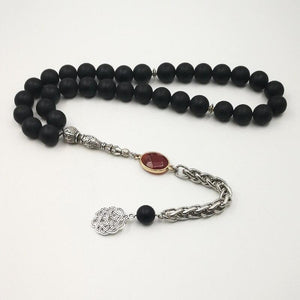 Natural Frosted black agate tasbih with Red Agates Man's misbaha Special Metal tassel Onxy 33 45 66 99 prayer beads Bracelets - Bashatasbih