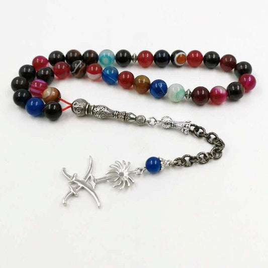 Tasbih Colored agates stone muslim bracelet gift Islam misbaha rosary Saudi flag badge Pendant 33 66 99prayer bead Saudi Fashion - Bashatasbih